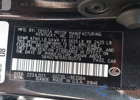 2024 Lexus Es 350 z USA, uszkodzony, nr VIN 58ADZ1B15RU182579